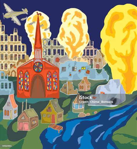 Dibujo infantil de un bombardeo sobre una ciudad