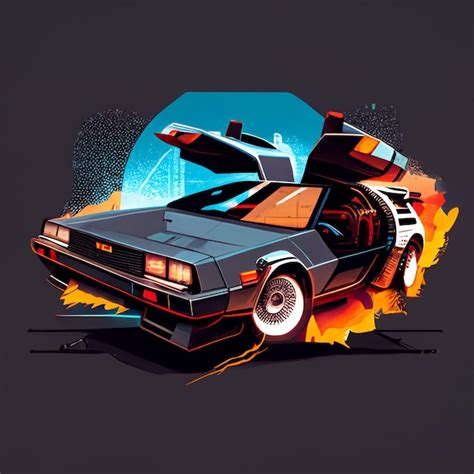Ilustración estilo cómic de un DeLorean viajando en el tiempo.