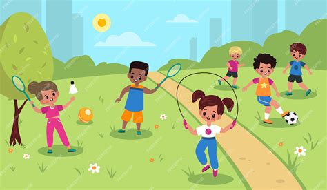 Ilustración de niños realizando actividades físicas al aire libre.