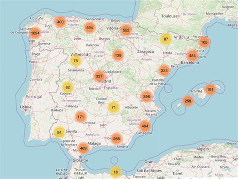 Mapa de España con puntos destacando ciudades donde se celebran ferias del libro antiguo