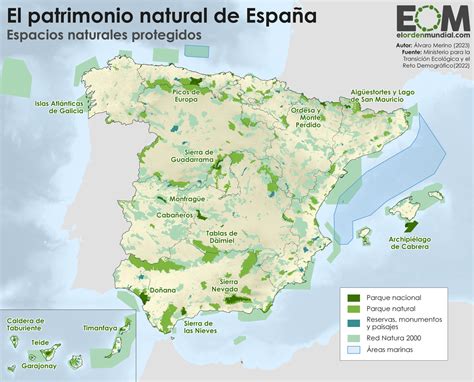 Mapa de España con áreas protegidas y parques naturales