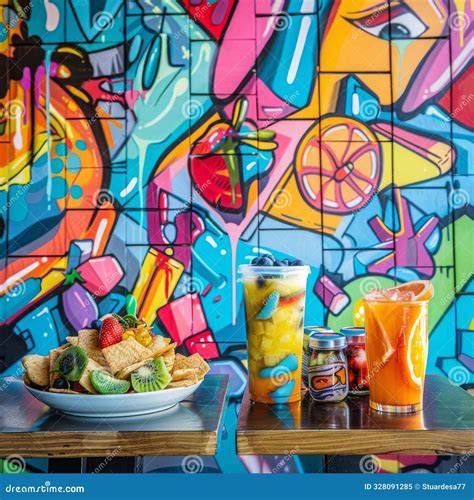 Ilustración de un mural colorido en una cafetería