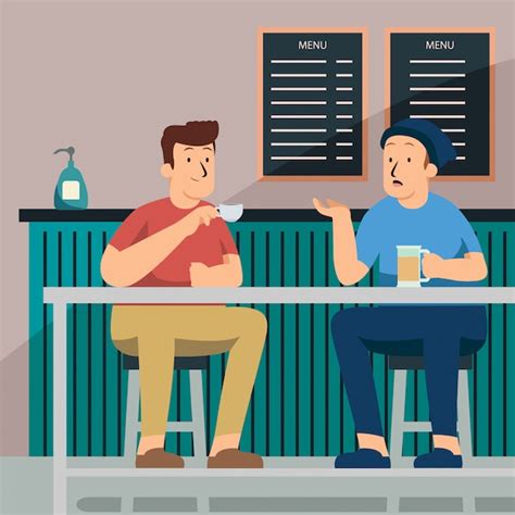 Escena de dos chicos hablando en una cafetería acogedora