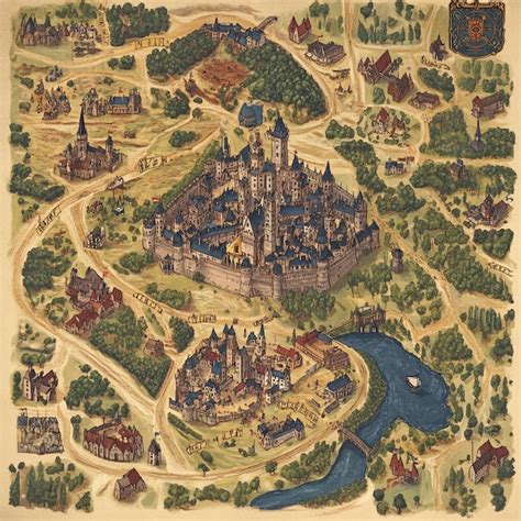 Mapa de un reino ficticio con pueblos y castillos