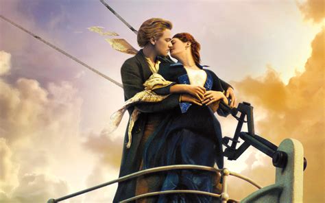 Representación artística de Jack y Rose enamorándose en la proa del Titanic