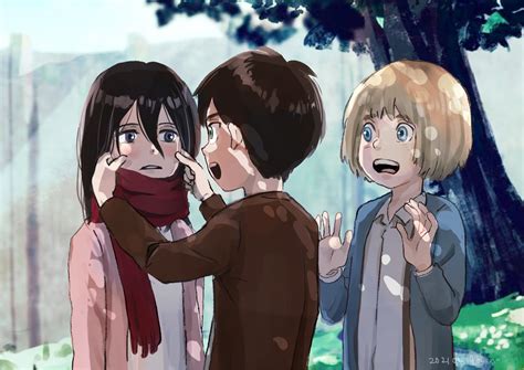 Ilustración de Mikasa, Eren y Armin discutiendo un plan