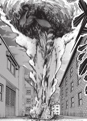 Escena de batalla en el distrito Trost con Eren transformado en titán.