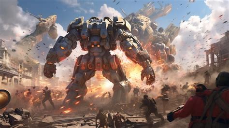 Ilustración de un mecha de combate futurista