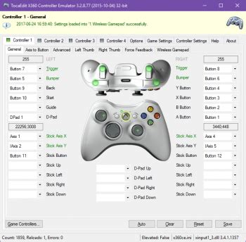 Captura de pantalla del programa x360ce configurando un mando