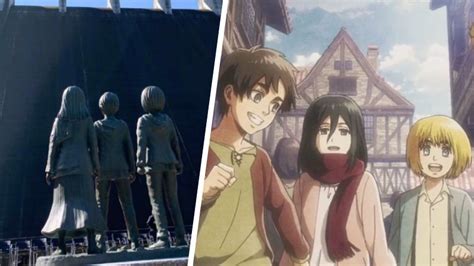 Eren, Mikasa y Armin observando el Muro Maria