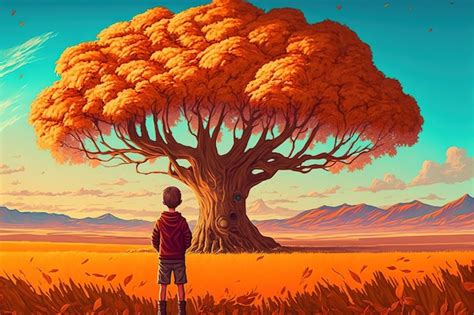 Ilustración del niño encontrando el árbol gigante al final de la serie.
