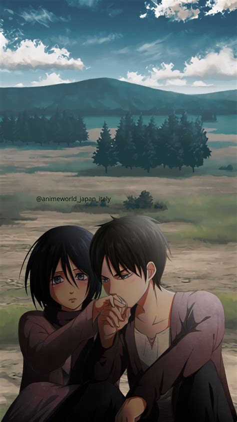 Ilustración de Eren y Mikasa abrazándose