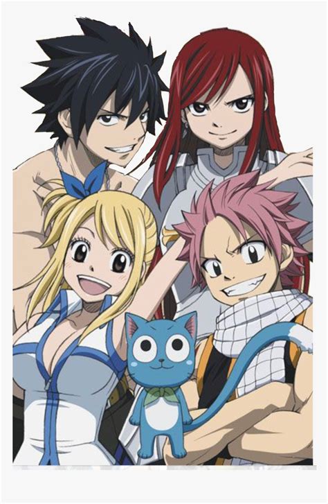Ilustración del equipo principal de Fairy Tail: Natsu, Lucy, Happy, Erza y Gray.