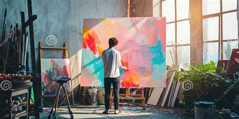 Escena de un artista pintando en un estudio oscuro