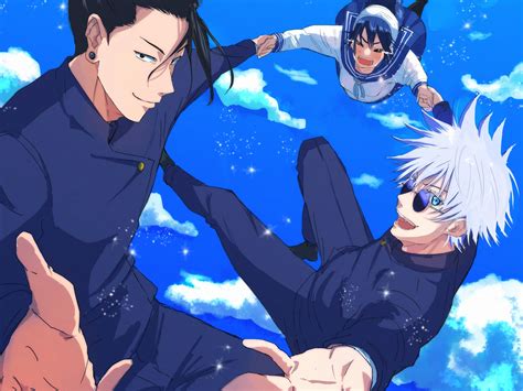 Ilustración de Riko Amanai siendo protegida por Gojo y Geto