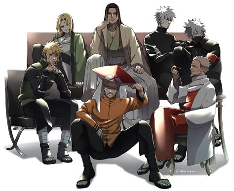 Ilustración de los Cuatro Hokages escuchando a Hagoromo.
