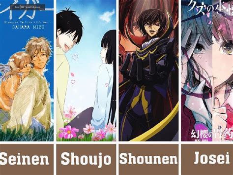Gráfico comparativo de las demografías de manga (shonen, shojo, seinen, josei) con sus características principales.