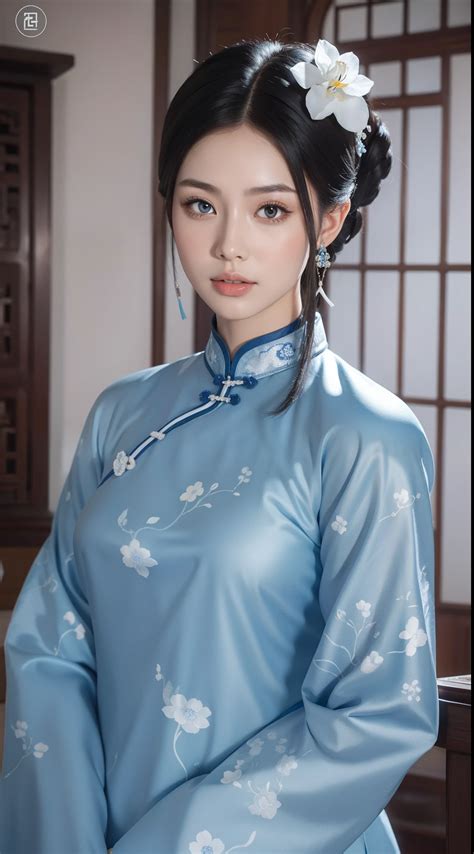 Chi-Chi en su adolescencia con un cheongsam azul