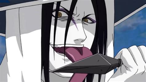 Ilustración de Orochimaru con su característico cabello largo y negro, ojos ámbar y marcas púrpuras.