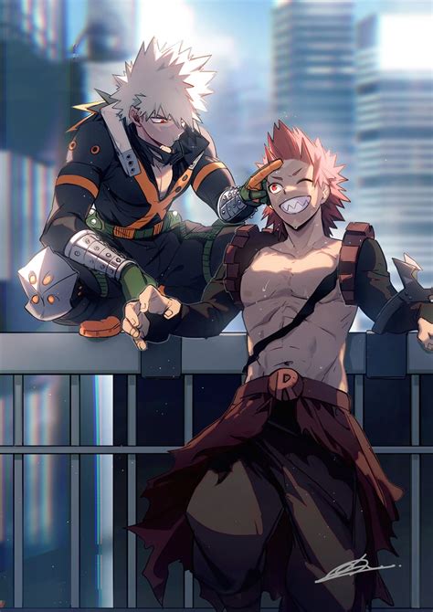 Katsuki Bakugou y Eijiro Kirishima colaborando en batalla.