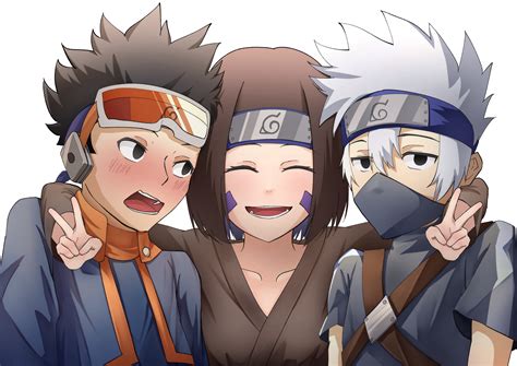 Ilustración de Kakashi, Obito y Rin en su juventud