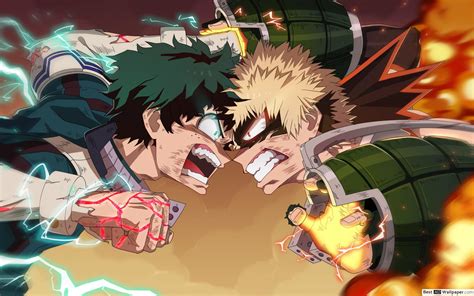 Izuku y Bakugou peleando en la noche