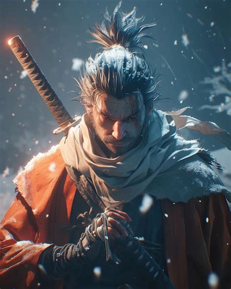 Ilustración del personaje Lobo de Sekiro con varias habilidades activas