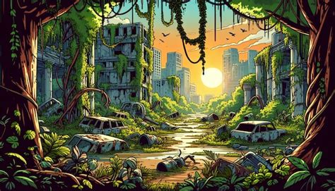 Ilustración de un mundo post-apocalíptico con elementos de fantasía