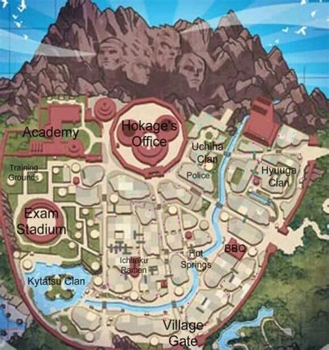 Mapa de Konoha mostrando la ubicación del distrito Uchiha