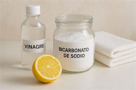Imagen de botellas de bicarbonato de sodio, vinagre y lejía