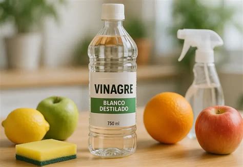 Botella de vinagre blanco con limón y hierbas