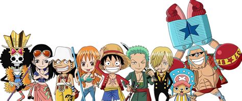 Ilustración de varios personajes de One Piece en formato chibi