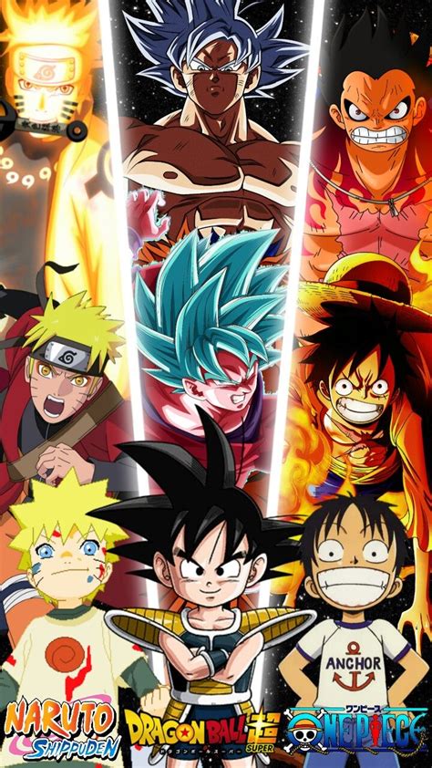 Collage de personajes populares de manga: Luffy, Naruto, Goku, Pikachu