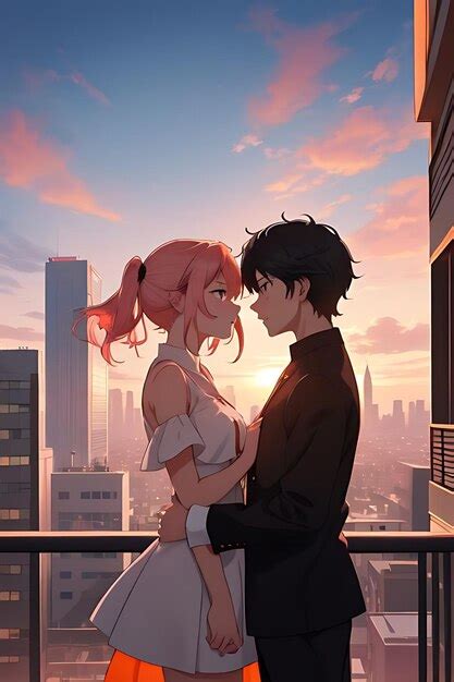 Ilustración de personajes de anime en una escena romántica.