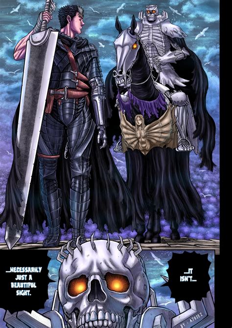 Guts enfrentándose a espíritus con la ayuda del Caballero de la Calavera