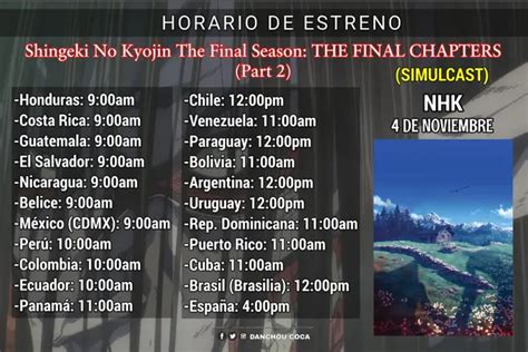 Mapa de horarios de estreno de Shingeki no Kyojin