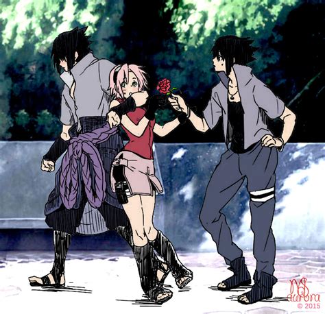 Sakura Haruno y Sasuke Uchiha en una pose de combate