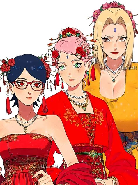 Ilustración de Naruto, Tsunade y Sakura en un ambiente festivo
