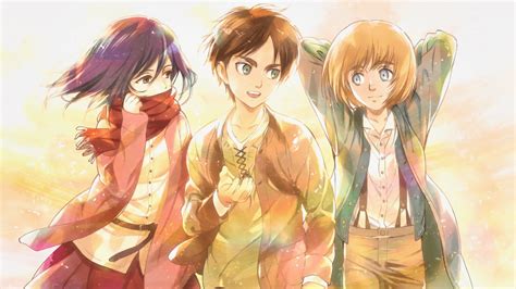 Eren, Mikasa y Armin en el distrito de Shiganshina antes de la destrucción del muro.