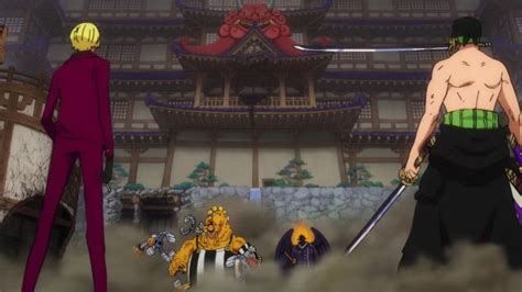Ilustración de Zoro y Sanji luchando contra King y Queen