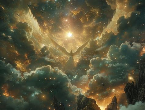 Escena celestial con personajes fantásticos