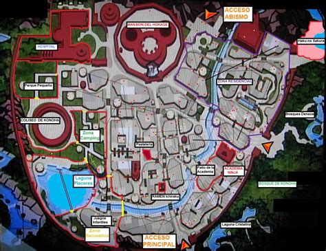 Mapa de Konoha con el distrito Uchiha destacado