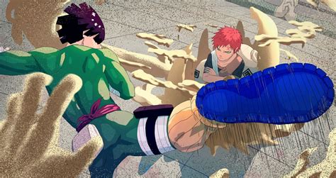 Rock Lee en guardia preparándose para atacar a Gaara