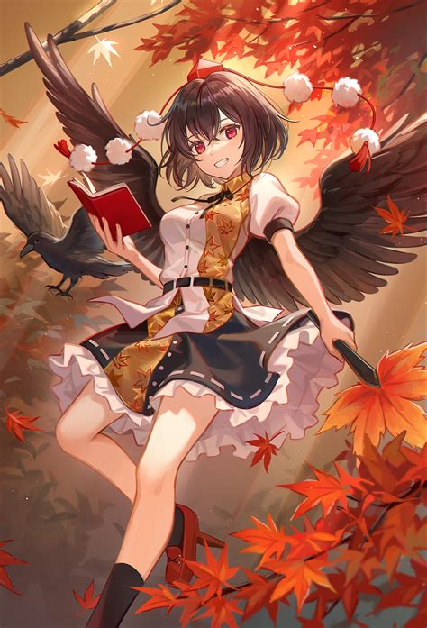 Ilustración de Aya Shameimaru volando con su cuervo