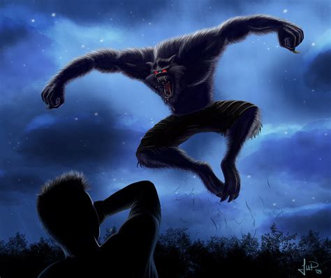 ilustración de un hombre lobo atacando en un bosque
