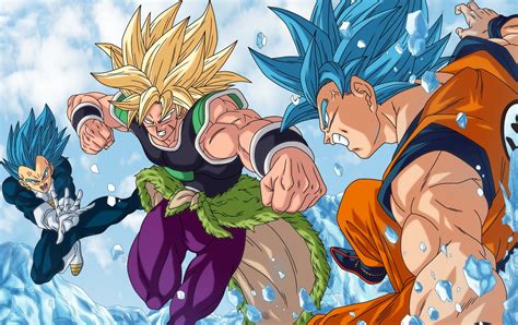 Ilustración de Goku, Vegeta y Broly en batalla