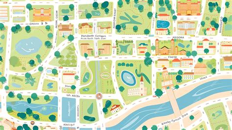 Mapa de una ciudad ficticia con puntos de interés
