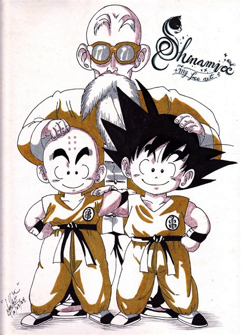 Bulma y Son Goku con el Maestro Roshi