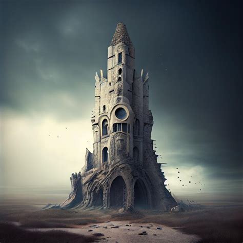Torre misteriosa en un paisaje apocalíptico