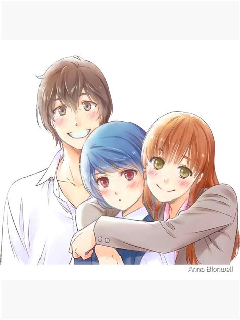 Ilustración de Natsuo, Hina y Rui en un triángulo amoroso.